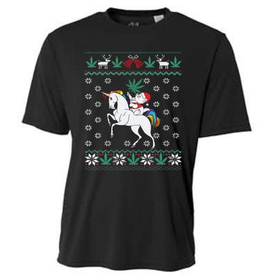 Santa Cat Christmas Unicorn Marijuana Cannabis Gift Cooling Performance Crew T-Shirt