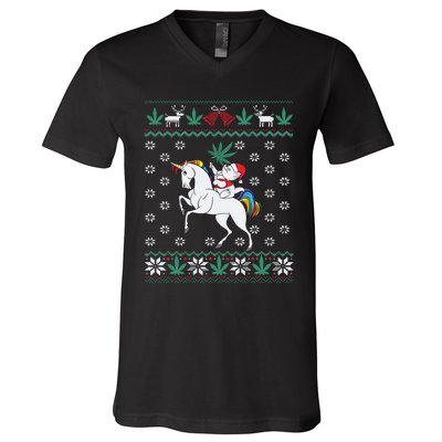 Santa Cat Christmas Unicorn Marijuana Cannabis Gift V-Neck T-Shirt