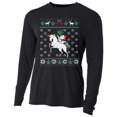 Santa Cat Christmas Unicorn Marijuana Cannabis Gift Cooling Performance Long Sleeve Crew