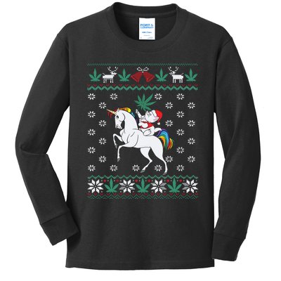 Santa Cat Christmas Unicorn Marijuana Cannabis Gift Kids Long Sleeve Shirt