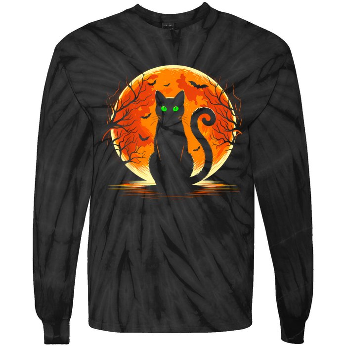 Scary Cat Costume Retro Moon Cat Tie-Dye Long Sleeve Shirt