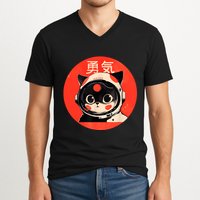 Space Cat Courage Japanese Retro Kawaii Cute Astronaut Cat V-Neck T-Shirt