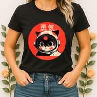 Space Cat Courage Japanese Retro Kawaii Cute Astronaut Cat Womens T-Shirt