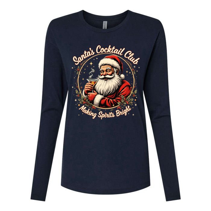 SantaS Cocktail Club Making Spirits Bright Retro Xmas Santa Womens Cotton Relaxed Long Sleeve T-Shirt