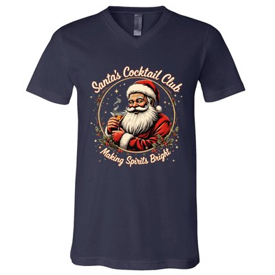 SantaS Cocktail Club Making Spirits Bright Retro Xmas Santa V-Neck T-Shirt