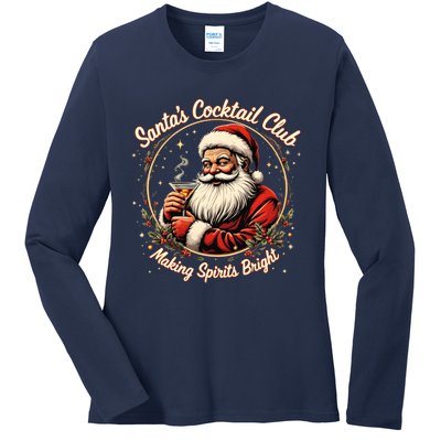 SantaS Cocktail Club Making Spirits Bright Retro Xmas Santa Ladies Long Sleeve Shirt