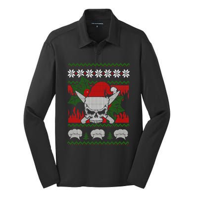 Skull Chef Culinary Gangster Ugly Christmas Santa Hat Xmas Gift Silk Touch Performance Long Sleeve Polo