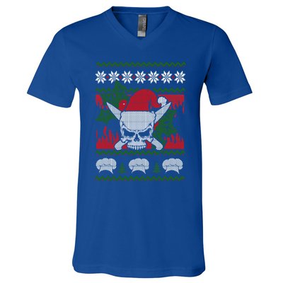 Skull Chef Culinary Gangster Ugly Christmas Santa Hat Xmas Gift V-Neck T-Shirt