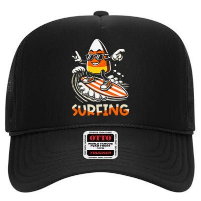 Surfing Candy Corn Funny Halloween High Crown Mesh Back Trucker Hat