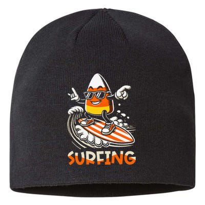 Surfing Candy Corn Funny Halloween Sustainable Beanie