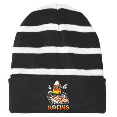 Surfing Candy Corn Funny Halloween Striped Beanie with Solid Band