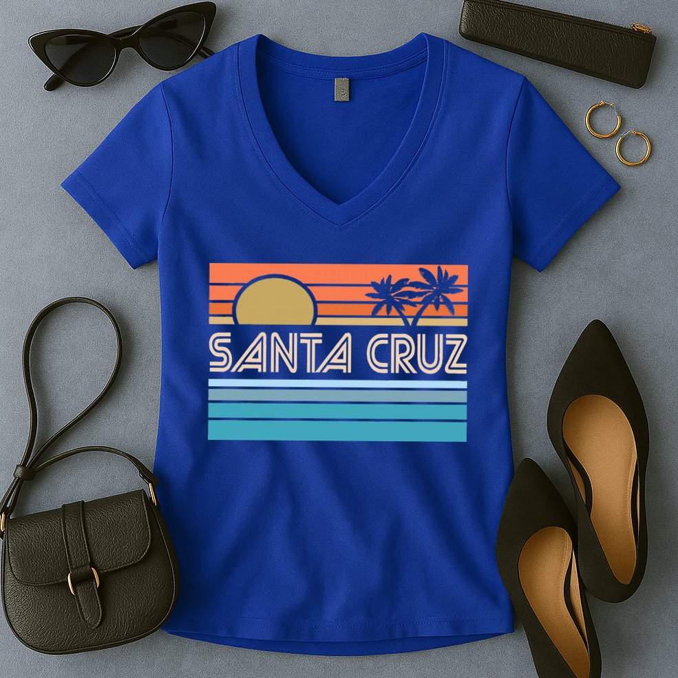 Santa Cruz California Sunset 70s 80s Surfer Summer Women's V-Neck T-Shirt