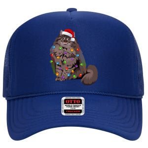 Siberian Cat Christmas Lights Xmas Cat Lover Santa Hat Gift High Crown Mesh Back Trucker Hat