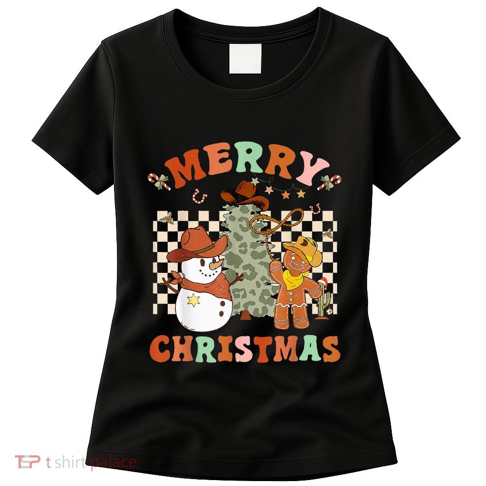 Santa Claus Cowboy Hat Merry Christmas Y'all Western Retro  Womens T-Shirt