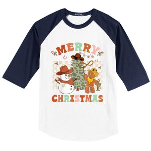 Santa Claus Cowboy Hat Merry Christmas Y'all Western Retro  Baseball Sleeve Shirt