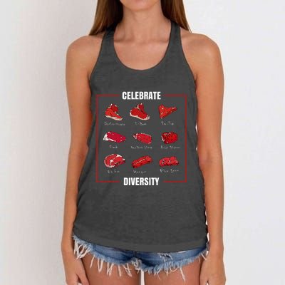 Steak Celebrate Diversity Types Of Steak Lovers Women's Knotted Racerback Tank