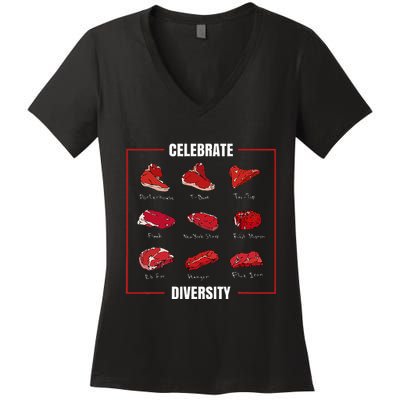 Steak Celebrate Diversity Types Of Steak Lovers Women's V-Neck T-Shirt