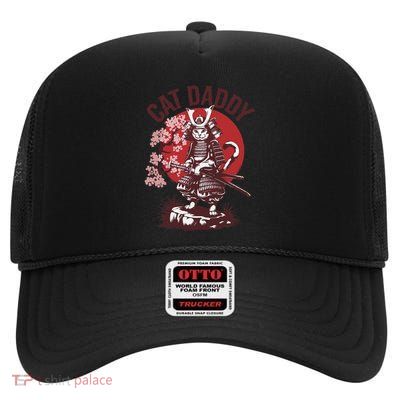 Samurai Cat Daddy Kitten Dad Funny Japanese Anime Father Day High Crown Mesh Back Trucker Hat
