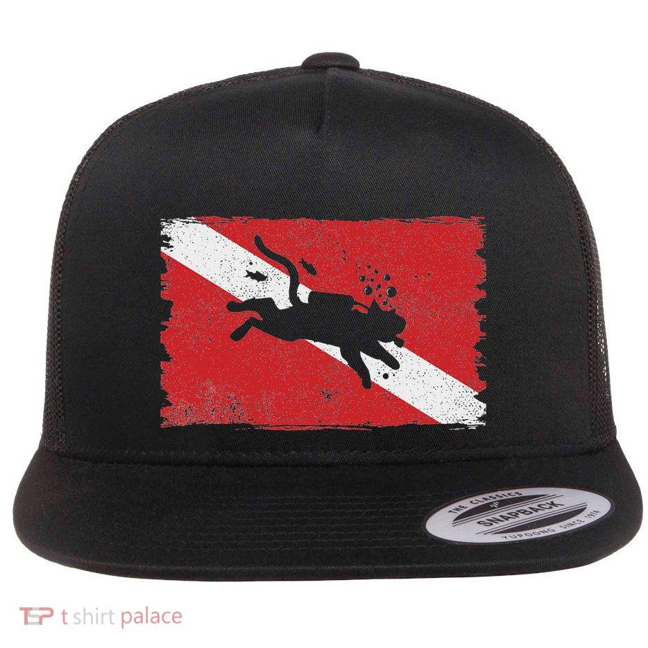 Scuba Cat Diving Flag Vintage Cats Diver Dive Funny Minimal Flatbill Hat