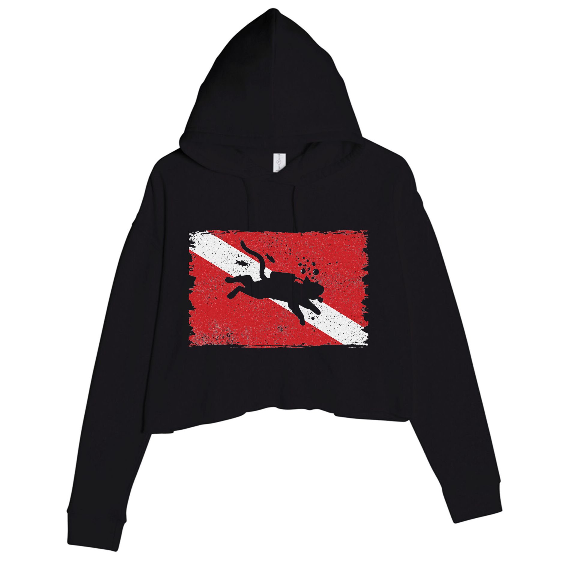Scuba Cat Diving Flag Vintage Cats Diver Dive Funny Minimal Crop Fleece Hoodie