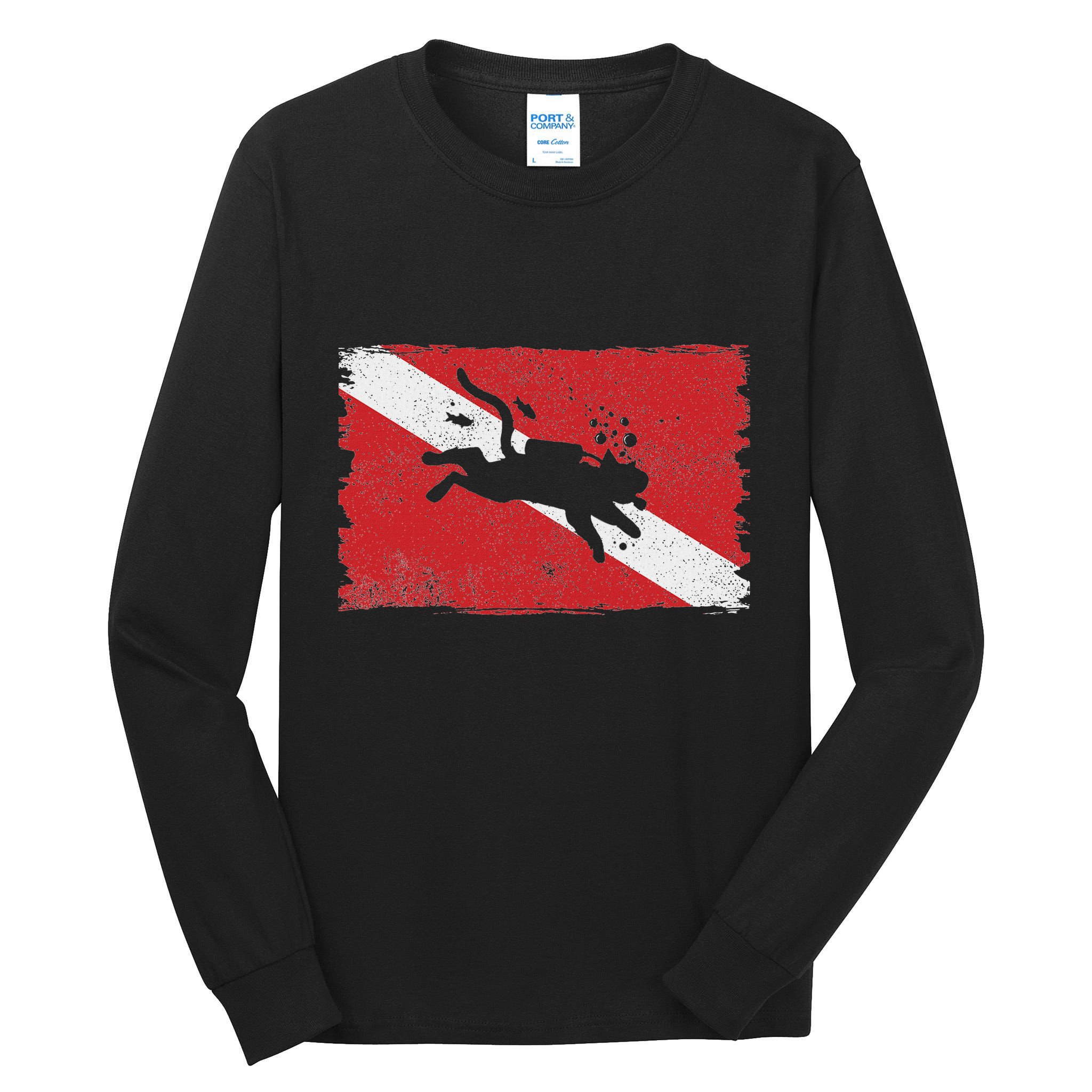 Scuba Cat Diving Flag Vintage Cats Diver Dive Funny Minimal Tall Long Sleeve T-Shirt