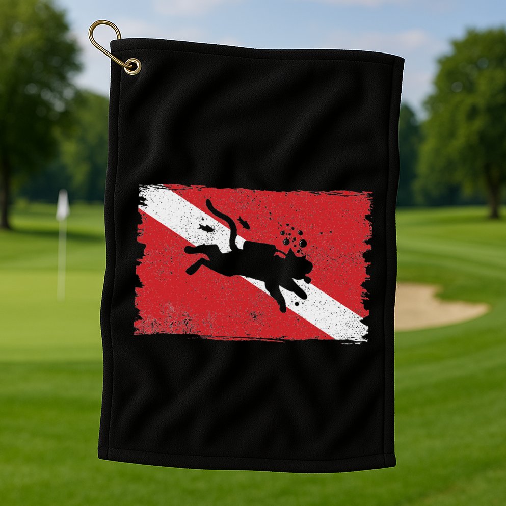 Scuba Cat Diving Flag Vintage Cats Diver Dive Funny Minimal Golf Towel
