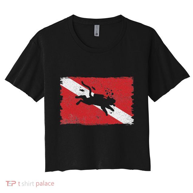 Scuba Cat Diving Flag Vintage Cats Diver Dive Funny Minimal Crop Top