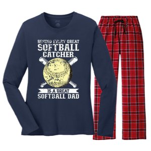 Softball Catcher Dad Pitcher Fastpitch Coach Fathers Day Women's Long Sleeve Flannel Pajama Set 