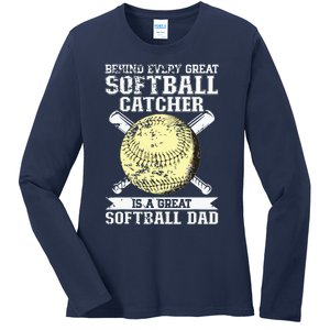 Softball Catcher Dad Pitcher Fastpitch Coach Fathers Day Ladies Long Sleeve Shirt