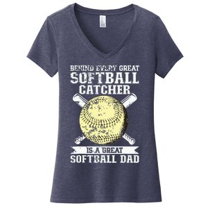 Softball Catcher Dad Pitcher Fastpitch Coach Fathers Day Women's V-Neck T-Shirt