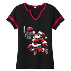 Santa Claus Dunking A Basketball Funny Christmas Basketball Cute Gift Ladies Halftime Notch Neck Tee