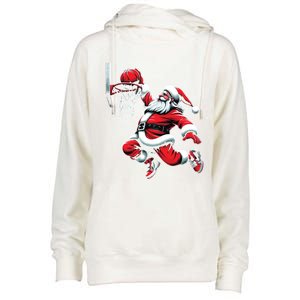 Santa Claus Dunking A Basketball Funny Christmas Basketball Cute Gift Womens Funnel Neck Pullover Hood