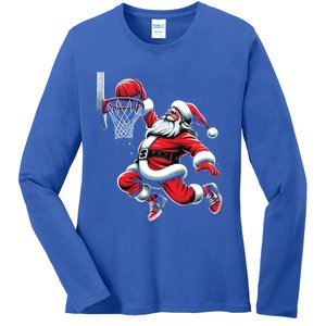 Santa Claus Dunking A Basketball Funny Christmas Basketball Cute Gift Ladies Long Sleeve Shirt