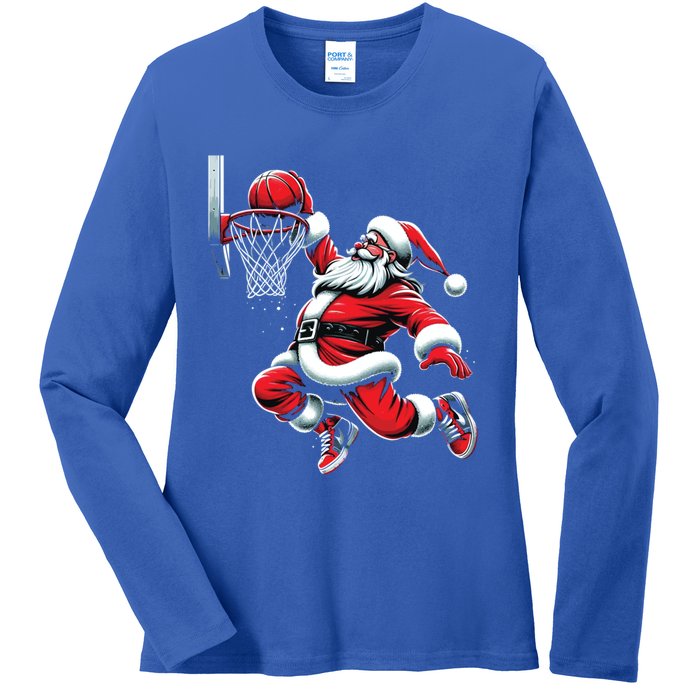 Santa Claus Dunking A Basketball Funny Christmas Basketball Cute Gift Ladies Long Sleeve Shirt