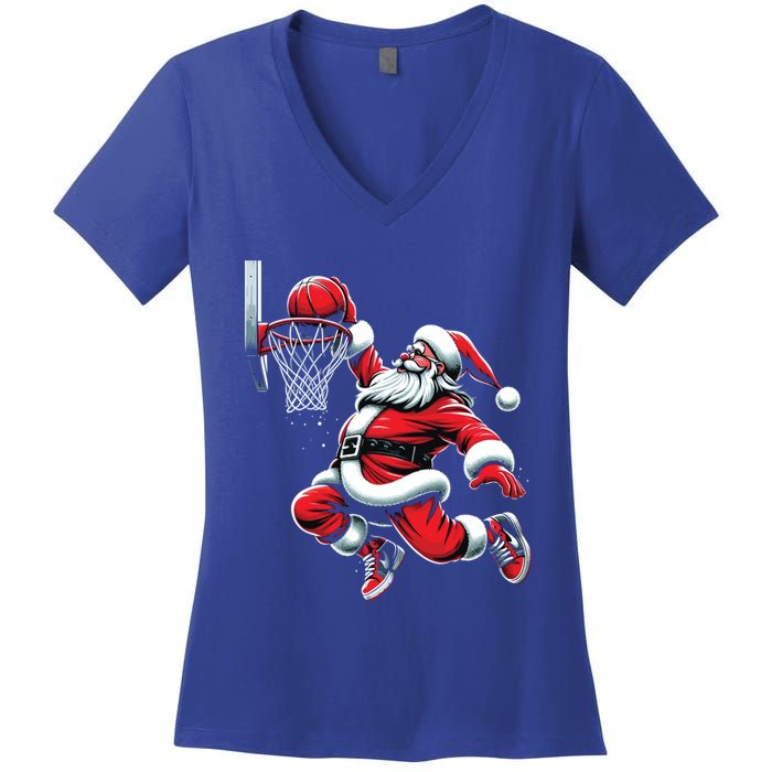 Santa Claus Dunking A Basketball Funny Christmas Basketball Cute Gift Women's V-Neck T-Shirt