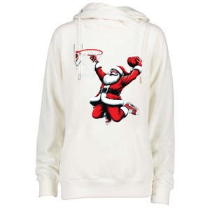 Santa Claus Dunking A Basketball Funny Christmas Basketball Gift Womens Funnel Neck Pullover Hood