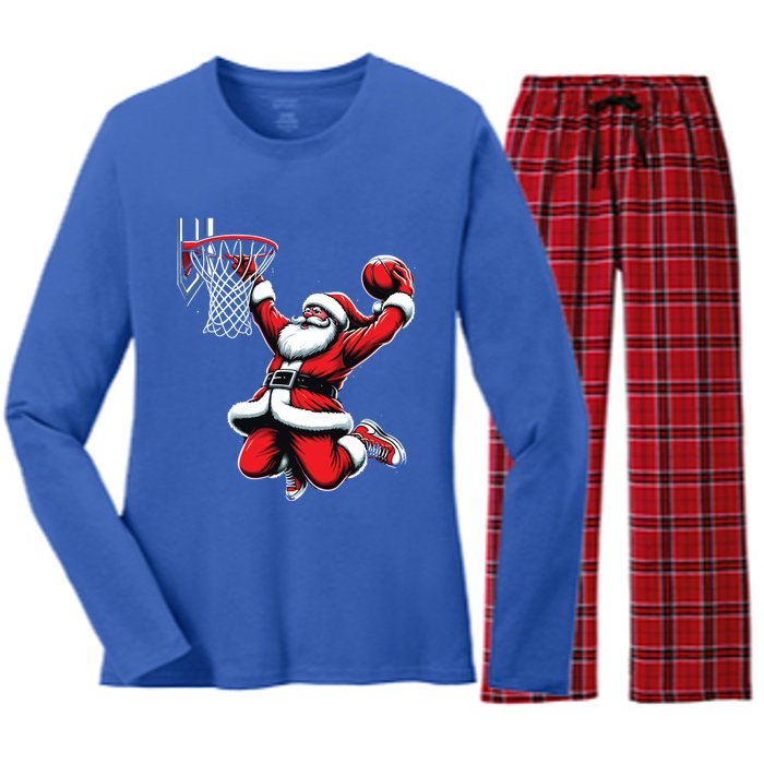 Santa Claus Dunking A Basketball Funny Christmas Basketball Gift Women's Long Sleeve Flannel Pajama Set 