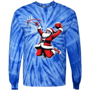 Santa Claus Dunking A Basketball Funny Christmas Basketball Gift Tie-Dye Long Sleeve Shirt