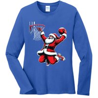 Santa Claus Dunking A Basketball Funny Christmas Basketball Gift Ladies Long Sleeve Shirt