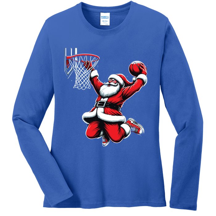 Santa Claus Dunking A Basketball Funny Christmas Basketball Gift Ladies Long Sleeve Shirt