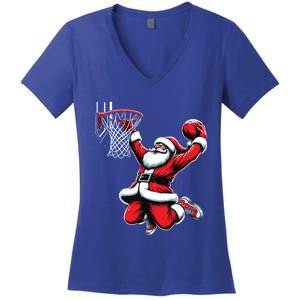 Santa Claus Dunking A Basketball Funny Christmas Basketball Gift Women's V-Neck T-Shirt