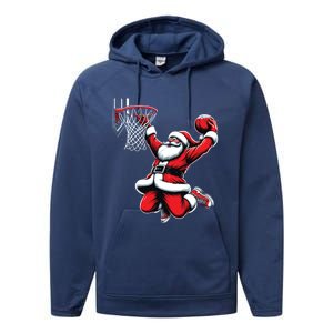 Santa Claus Dunking A Basketball Funny Christmas Basketball Gift Performance Fleece Hoodie