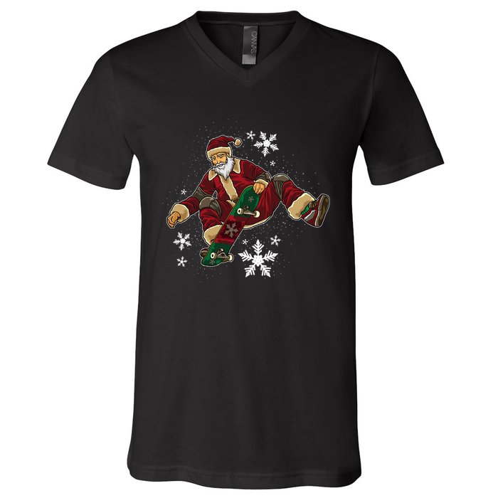 Santa Claus Does Tricks On A Skateboard Skate Xmas V-Neck T-Shirt