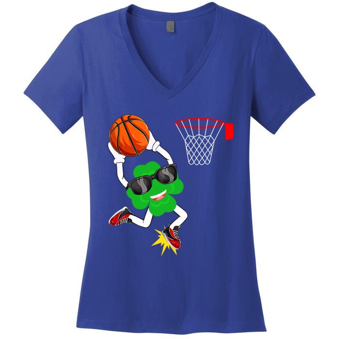 Shamrock Clover Dunking Basketball St Patrick's Day Gift Women's V-Neck T-Shirt