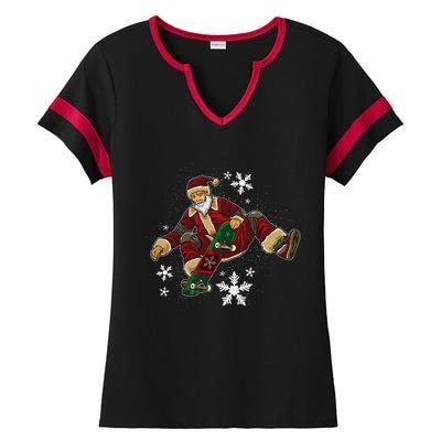 Santa Claus Does Tricks On A Skateboard Skate Xmas Ladies Halftime Notch Neck Tee