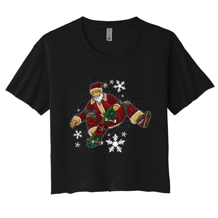 Santa Claus Does Tricks On A Skateboard Skate Xmas Women's Crop Top Tee