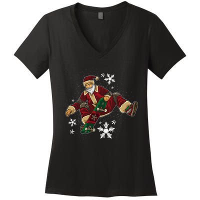 Santa Claus Does Tricks On A Skateboard Skate Xmas Women's V-Neck T-Shirt