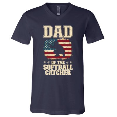 Softball Catcher Dad Jokes American Flag Fathers Day V-Neck T-Shirt