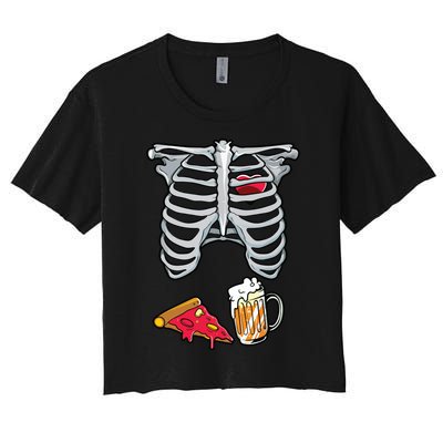 Skeleton Costume Dad Halloween Beer Pizza Funny Matching Women's Crop Top Tee