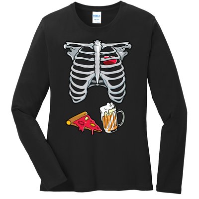 Skeleton Costume Dad Halloween Beer Pizza Funny Matching Ladies Long Sleeve Shirt